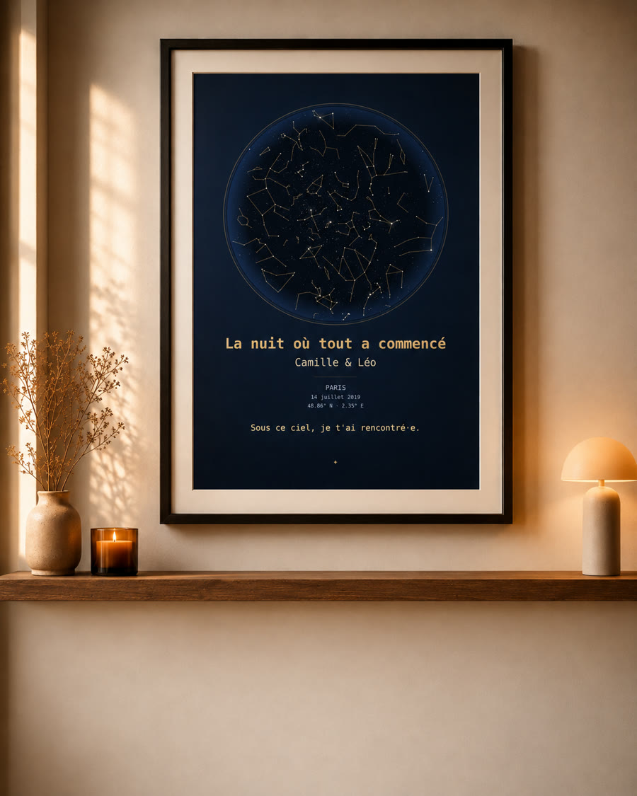 Carte du ciel encadrée — la nuit d'une rencontre