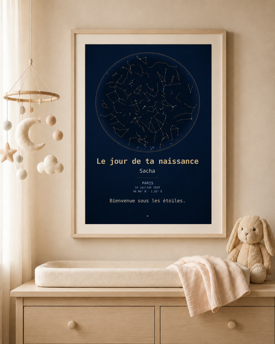 Carte du ciel encadrée — chambre de bébé